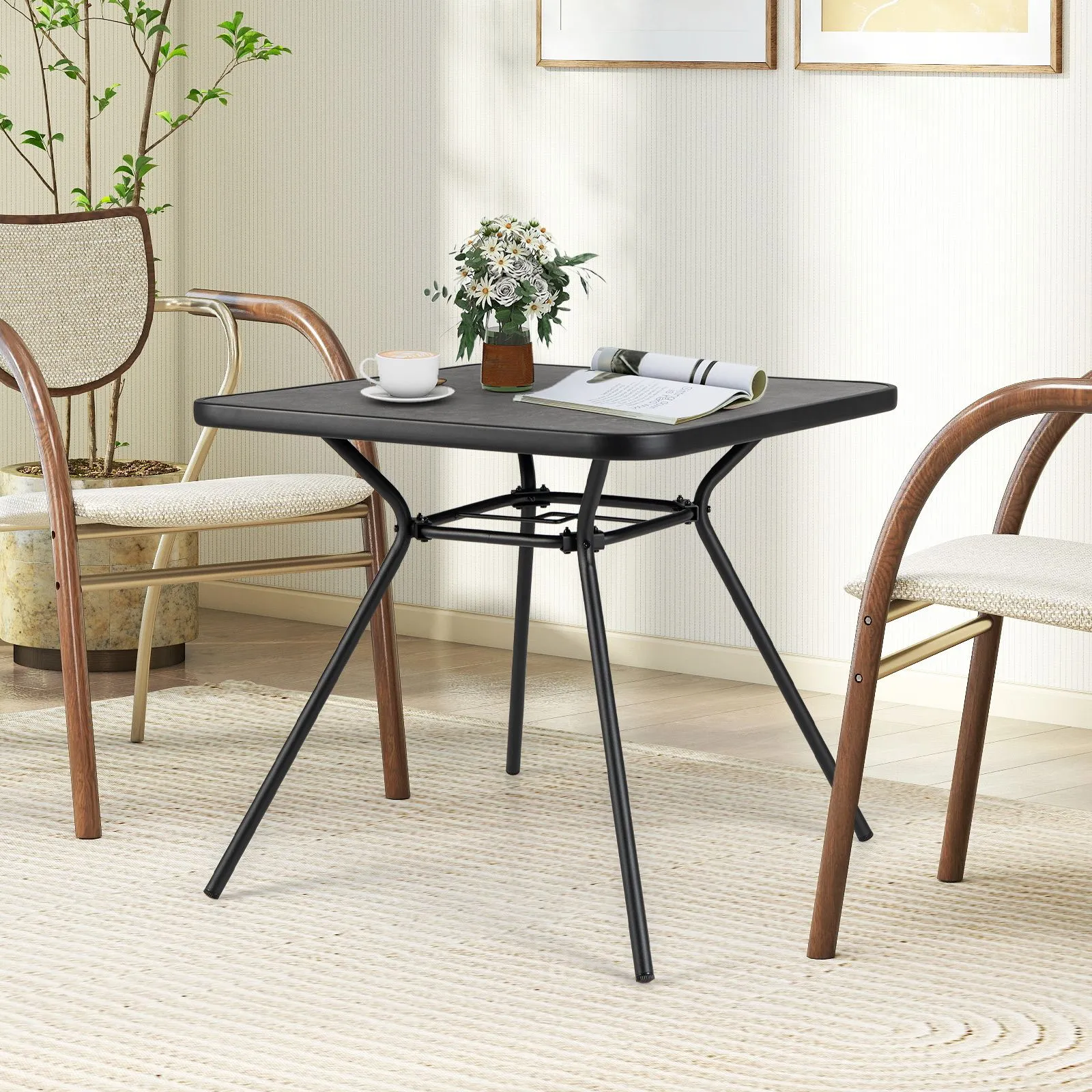 Costway Patio Dining Table 80cm Square Outdoor Table w/ 4CM Umbrella Hole in Black 3