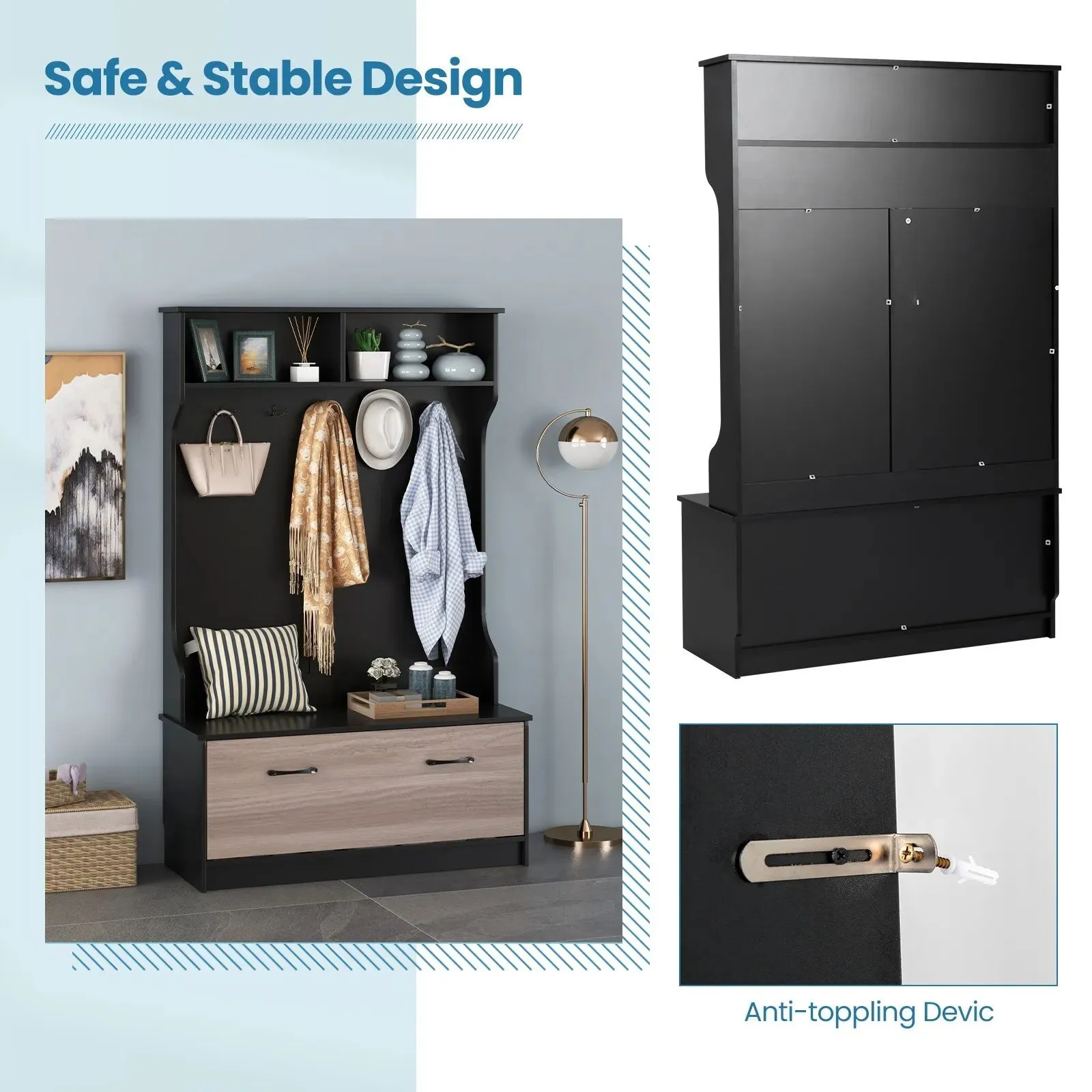 Costway 3-in-1 Freestanding Hall Coat Rack Stand Shoe Bench with 5 Hooks & Cabinet in Black 6