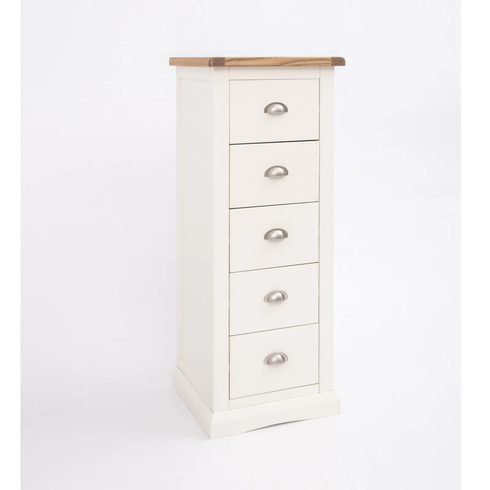 Cabinet Bits Cosenza 5 Drawer Narrow Chest of Drawers Chrome Cup Handle in Off-White 3