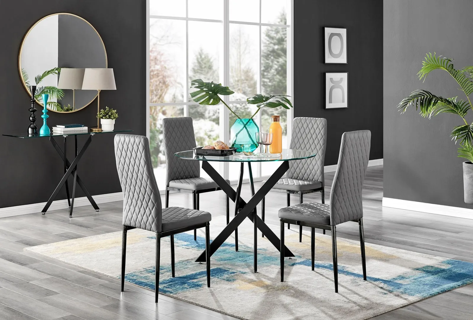 FurnitureboxUK Novara 4 Seater Black Leg Round Glass Dining Table & 4 Milan Faux Leather Black Leg Chairs in Grey