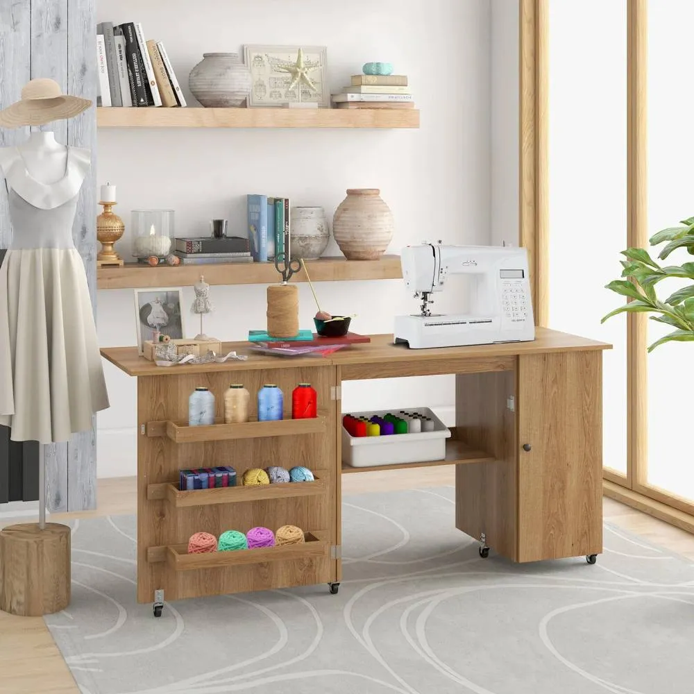 Costway Large Foldable Sewing Table Rolling Drop Leaf Craft Table with Lockable Casters in Natural 3