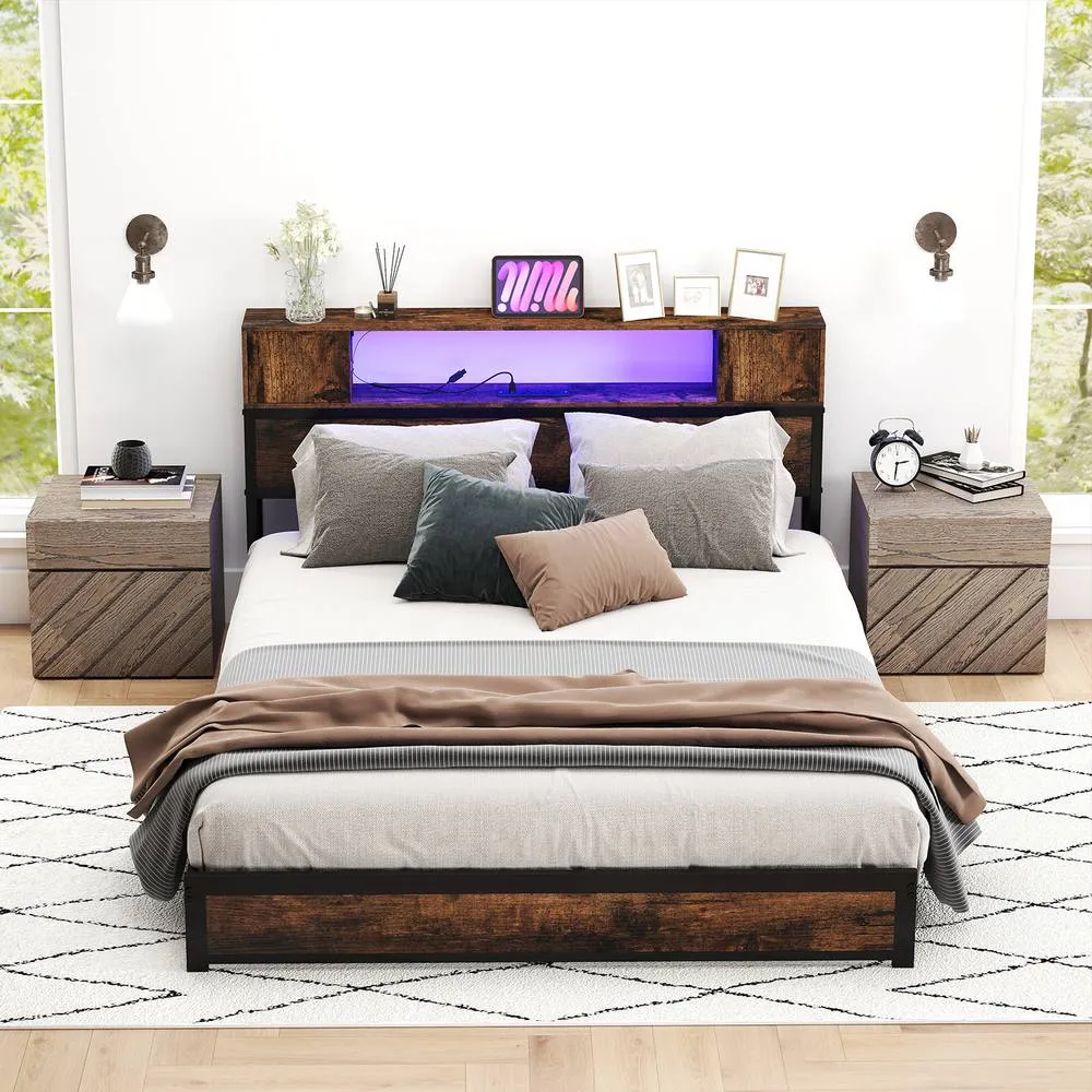 Costway Double Size Bed Frame Metal Platform Bed w/LED Lights&Charging Station in Brown 4