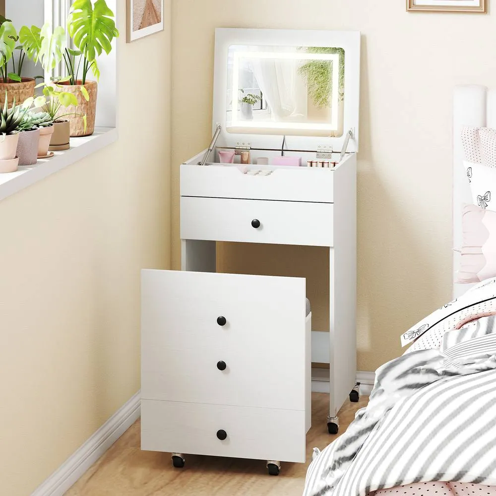 Costway 3-in-1 Vanity Desk Set w/Flip-top Mirror & Lights Makeup Table w/Stool in White 4