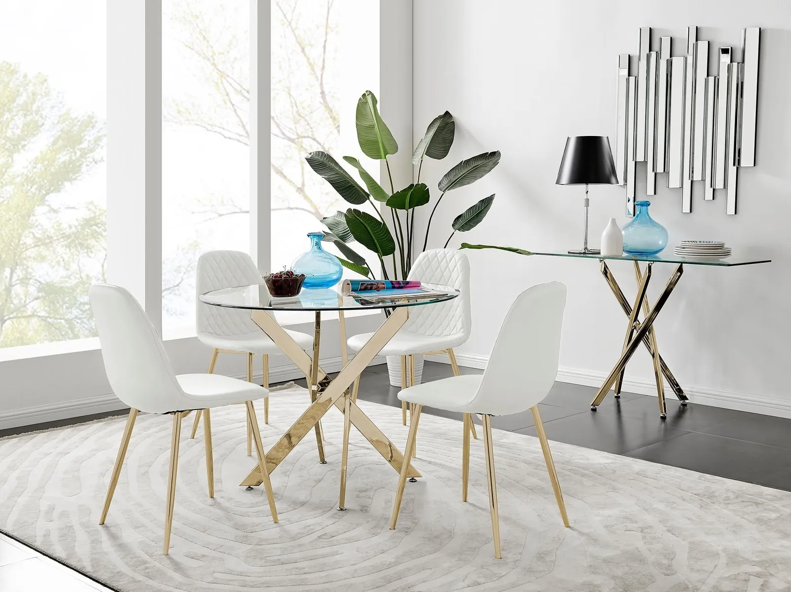 FurnitureboxUK Novara 100cm Round Tempered Glass Dining Table with Gold Legs & 4 Corona Faux Leather Chairs in White