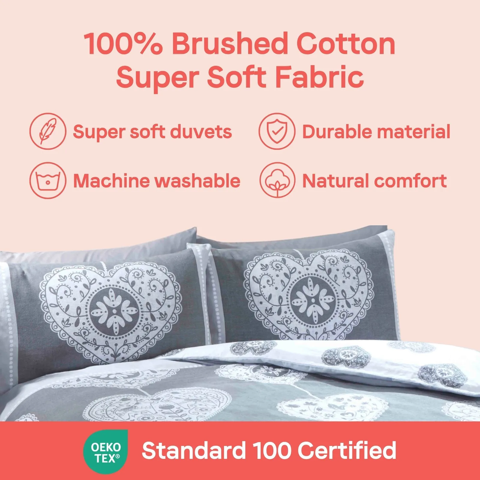 Rapport Home Scandi Heart Pure Cotton Duvet Cover Set with Pillowcase in Grey 6