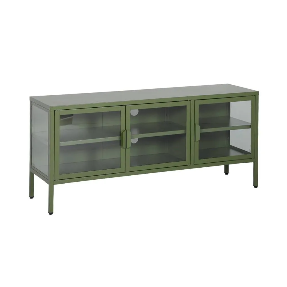 sweeek Industrial metal & tempered glass TV stand with 3 doors 120cm in Green 2