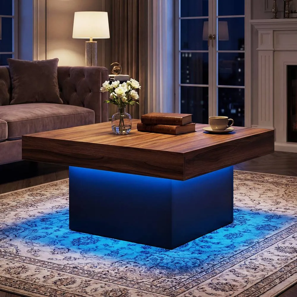 Costway Coffee Table Square Center Table with LED Lights in Brown 3