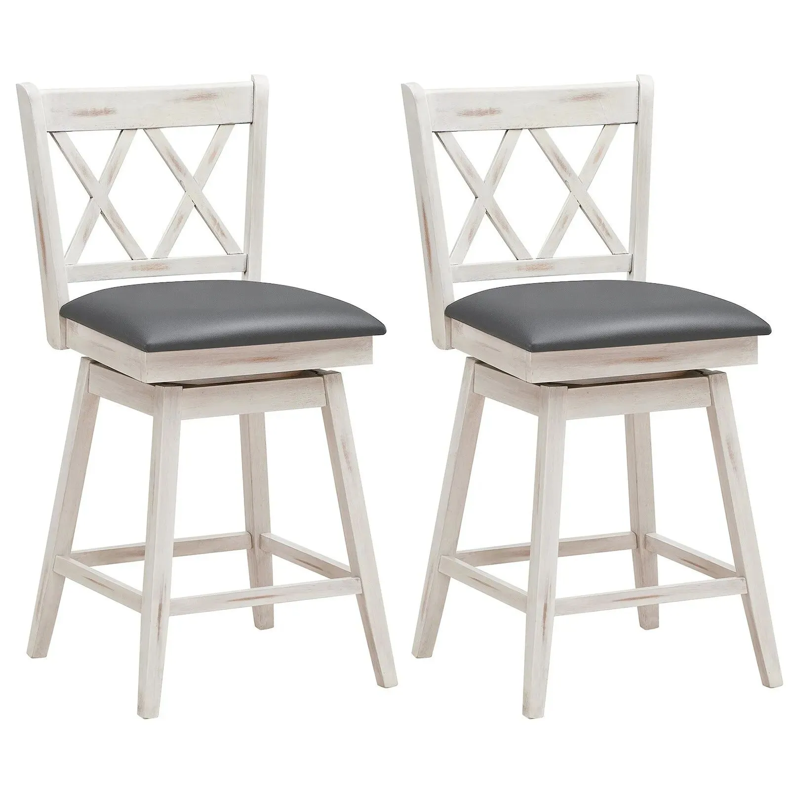 Costway Set of 2 Bar Stools Counter Height Chair Pub 360 °Swiveling Upholstered Seat 24" in White