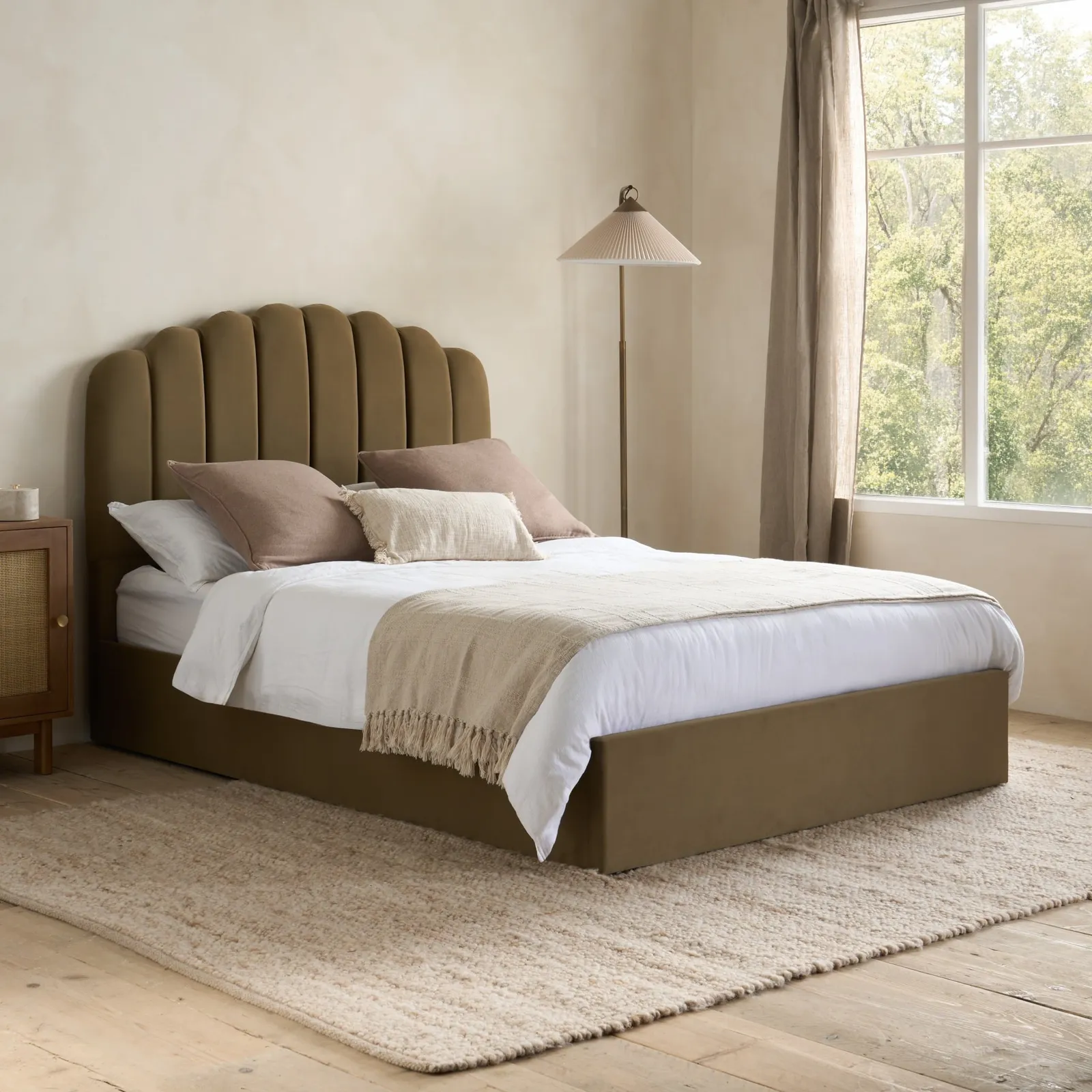 Monaco - Double - Fabric Ottoman Storage Bed - Warm Olive Green - Fabric - 4ft6 - Happy Beds 1