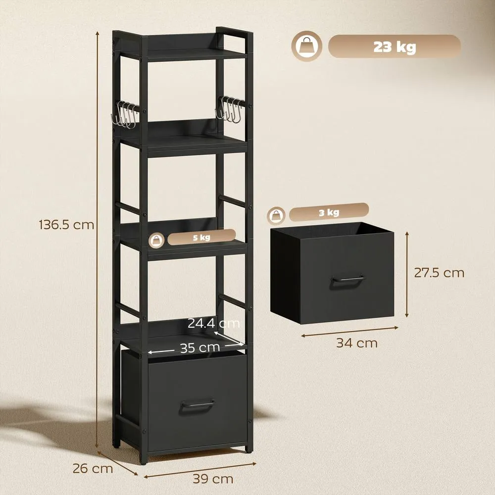 HOMCOM 4-Tier Bookshelf, Shelving Unit with Drawer, 8 Hooks in Black 3
