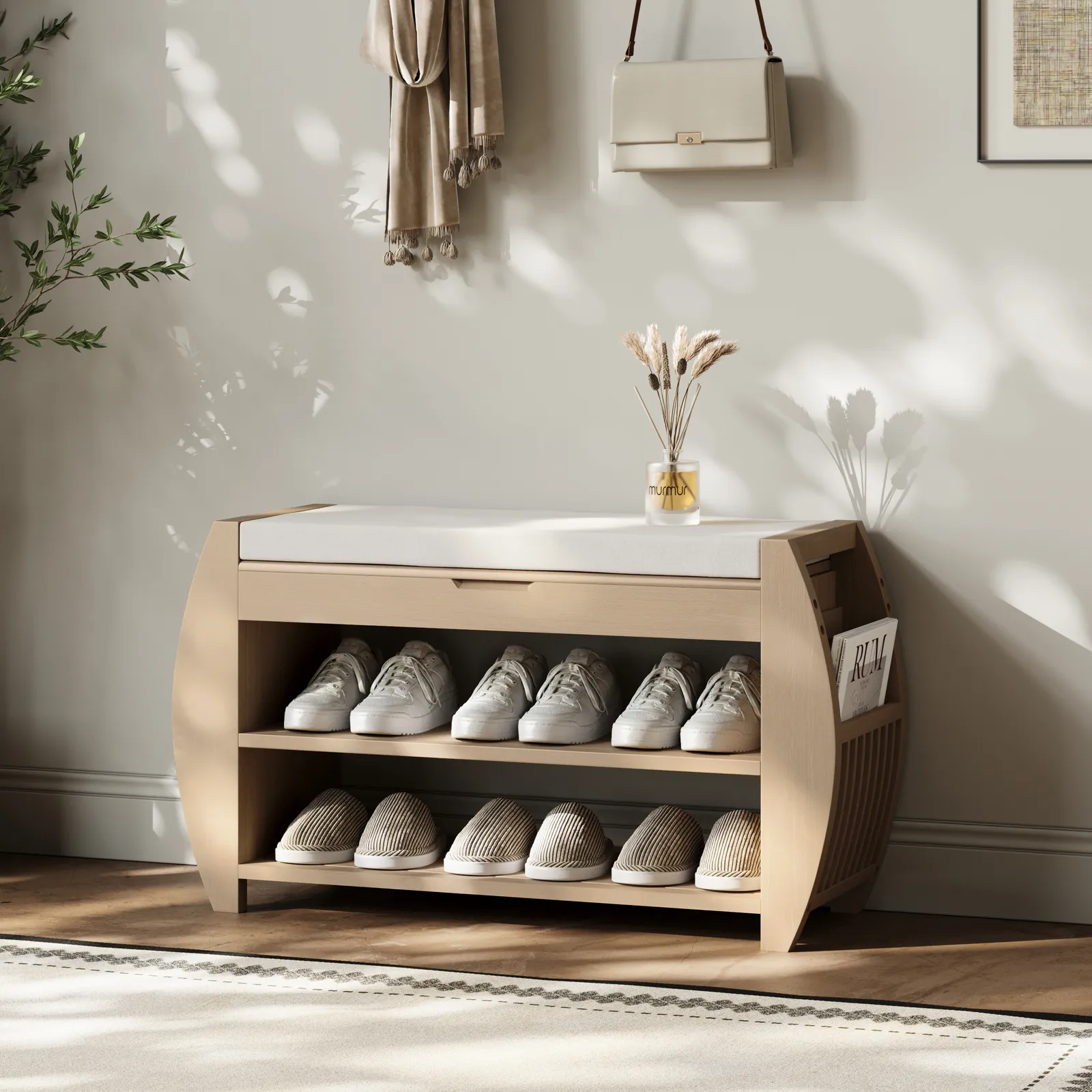 32'' Wood Veneer Whitewash Shoe Storage Entryway Bench with Shoe Rack