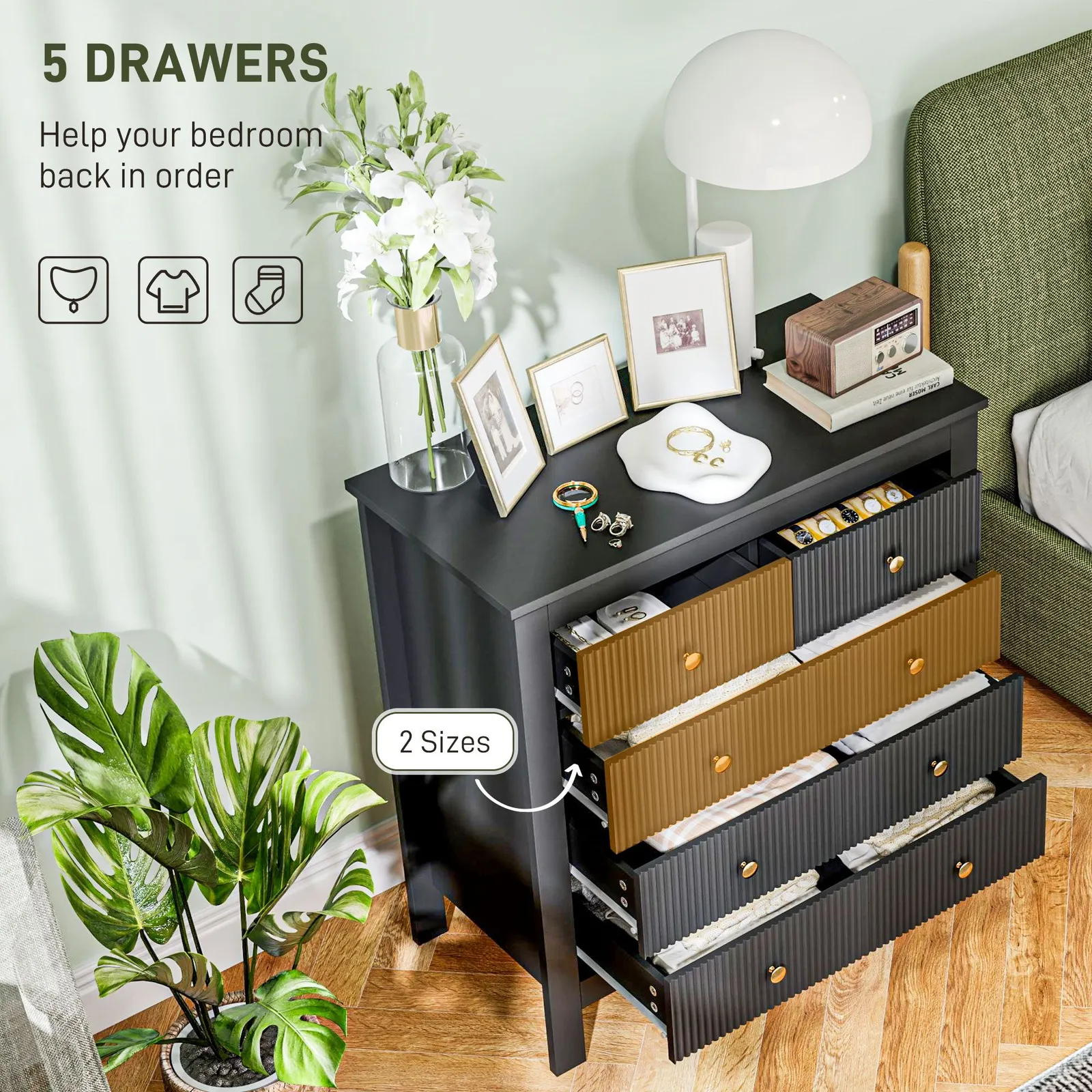 HOMCOM Fluted Bedroom Chest of Drawers w/ 5 Drawers Gold Tone Handles in Black 4