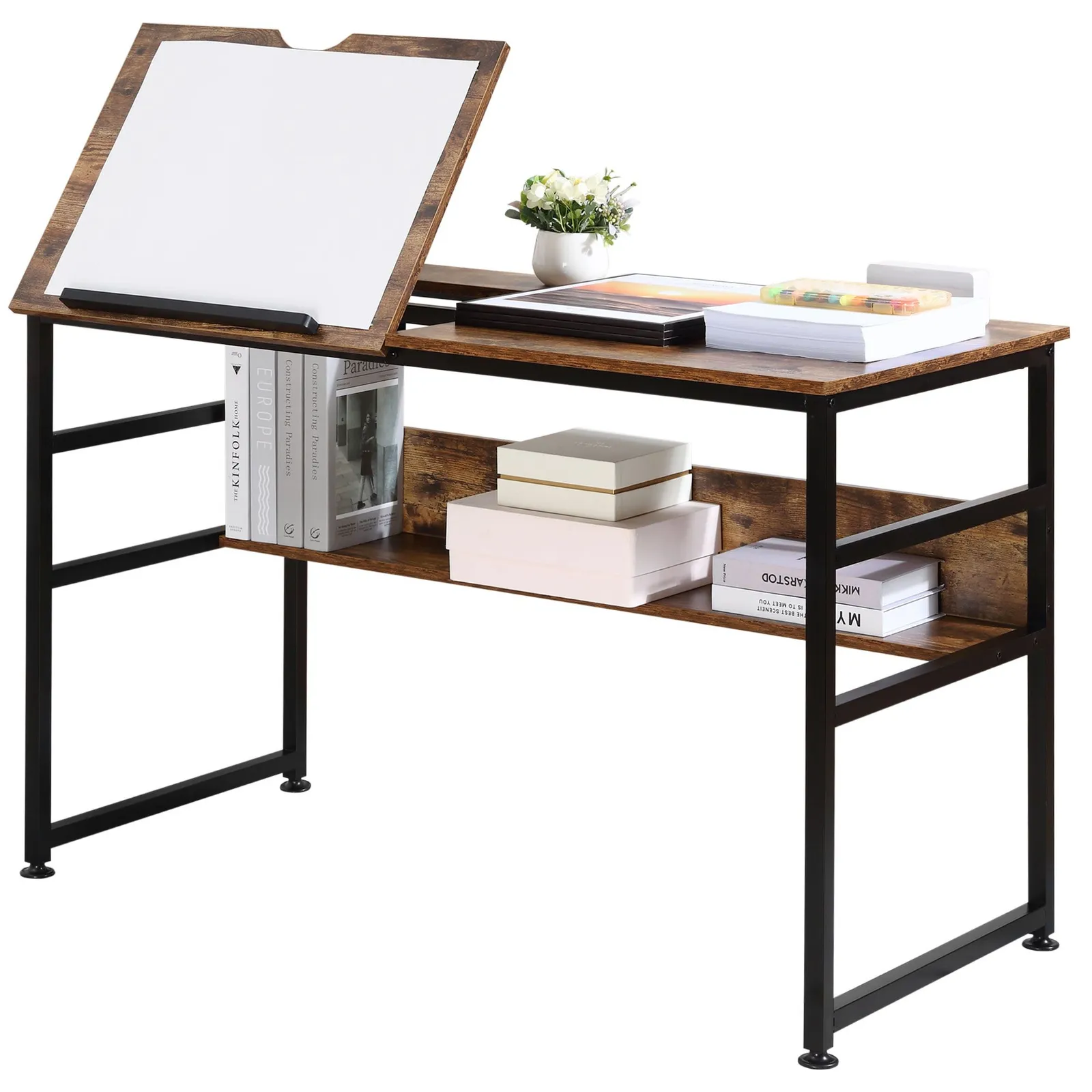 HOMCOM Tiltable Drafting Table Home Office Computer Desk with Open Shelf in Brown 2