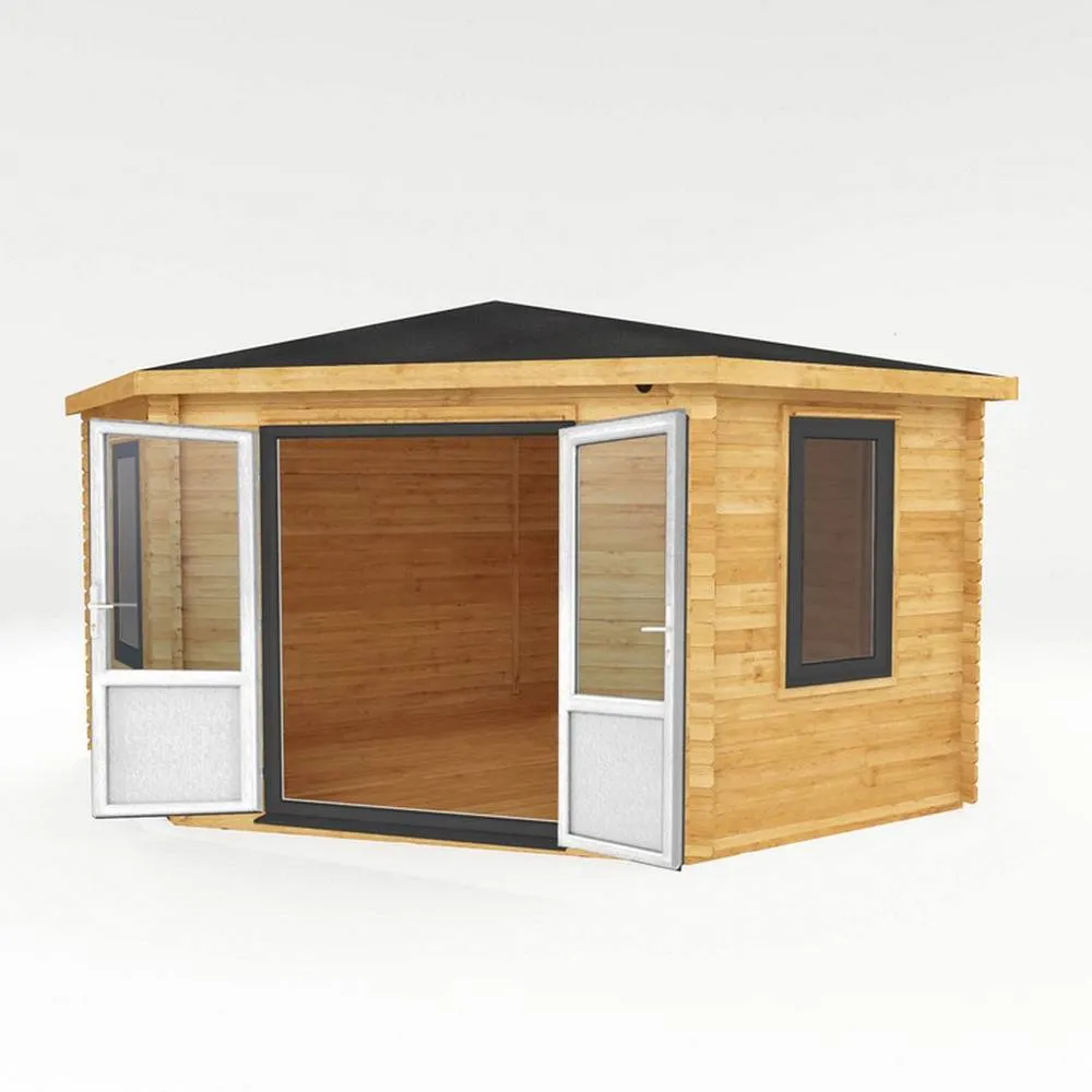 Mercia 44 mm Corner Cabin with UPVC Windows & Doors - L415 x W409 x H287 cm in Brown 3