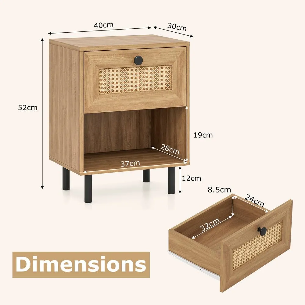 Costway Rattan Nightstand Natural Boho Bedside Table Drawer 2