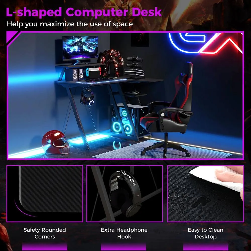 Costway L-Shaped Gaming Desk with Outlets & USB Ports Small Computer Desk in Black 4