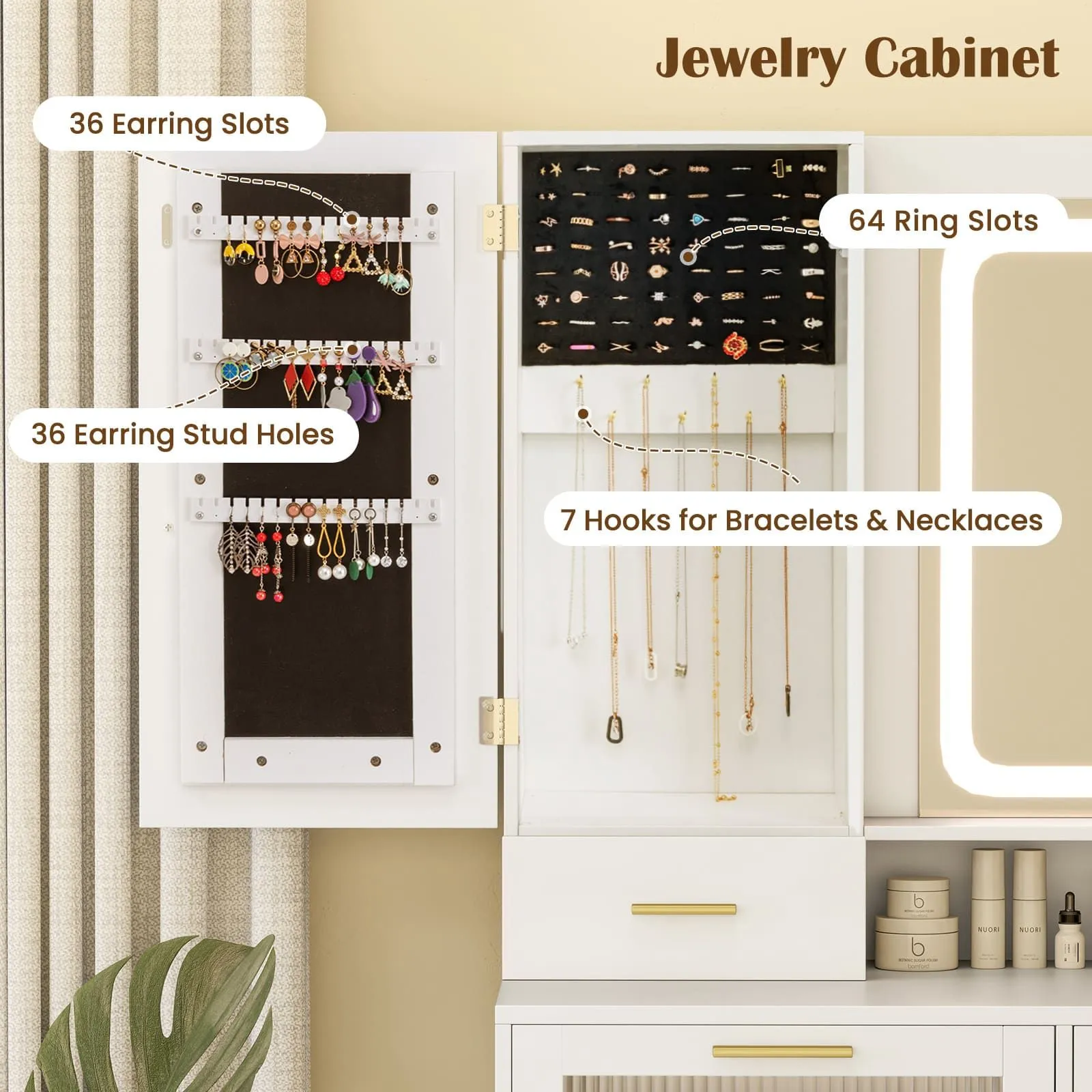 Costway Modern Vanity Set Dressing Table & Chair Set w/ Adjustable Brightness in White 4