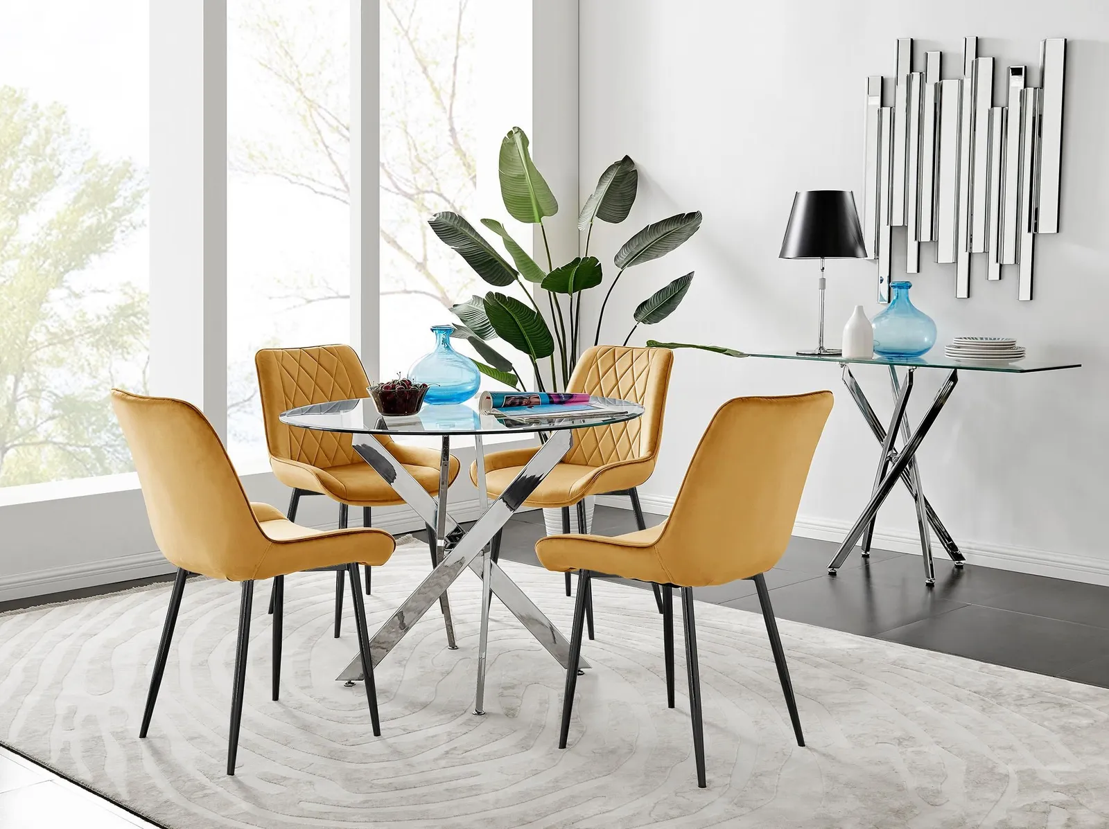FurnitureboxUK Novara 100cm Round Dining Table & 4 Pesaro Black Leg Chairs in Mustard 1