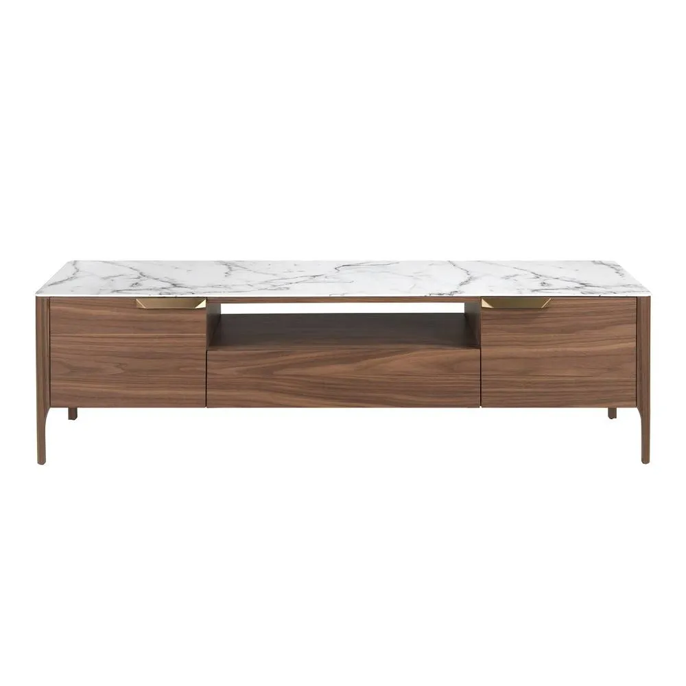 Angel Cerda Walnut TV Stand with Faux Marble Glass Top 180x45x50 in Brown 2