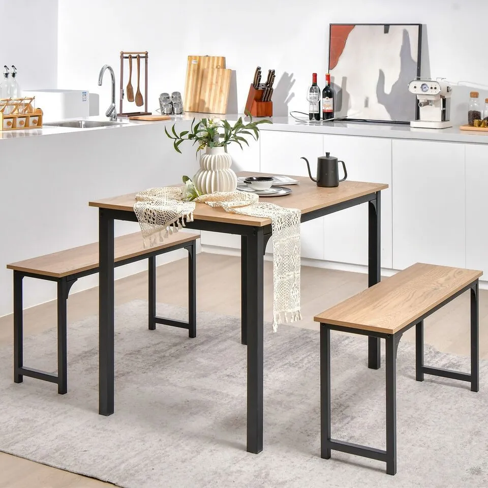 Costway 3 PCS Dining Table Set Space-Saving Kitchen Table Set w/2 Benches in Natural 3