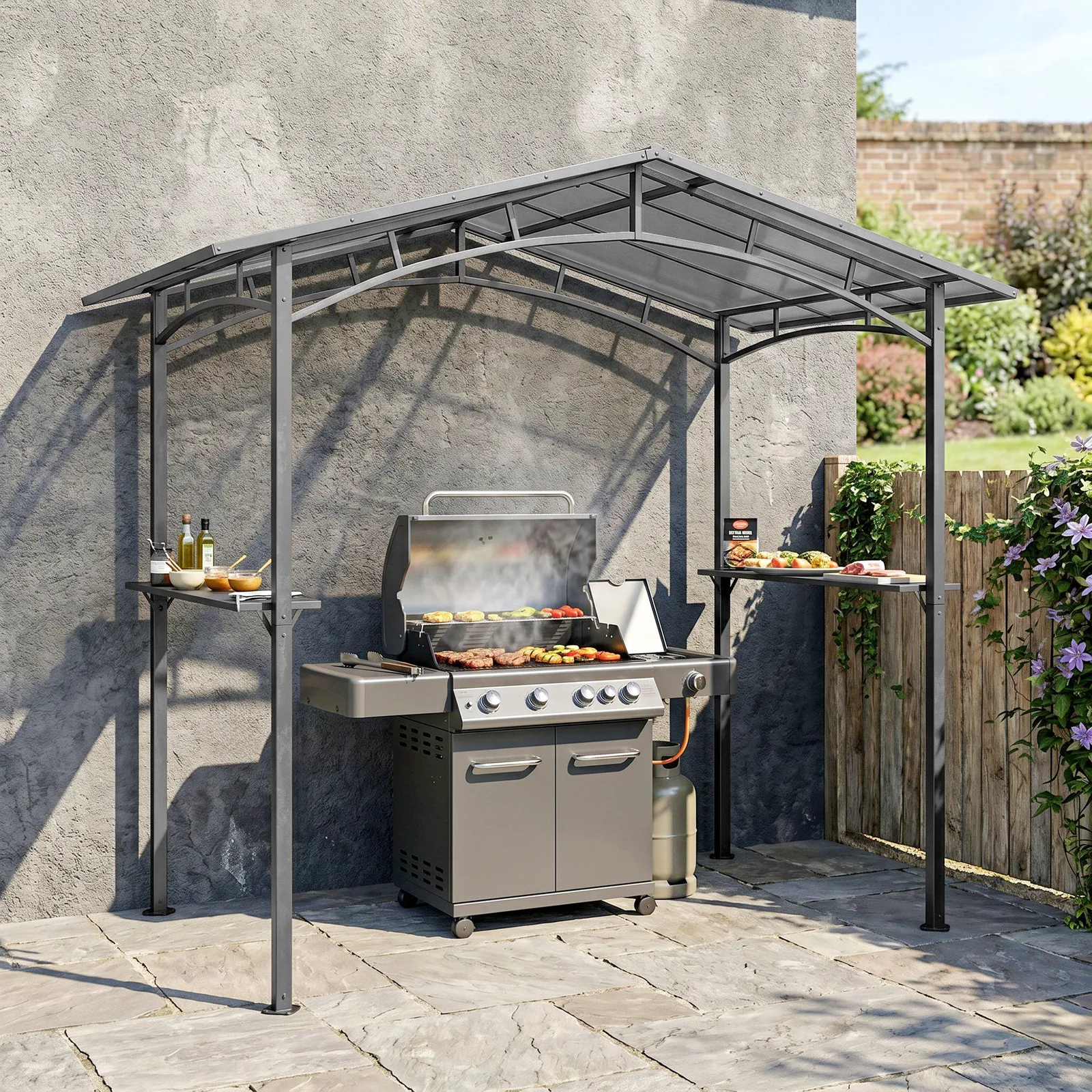 OUTSUNNY 8ft x 5ft Outdoor BBQ Protective Gazebo Aluminium Frame w/ 2 Shelves in Black