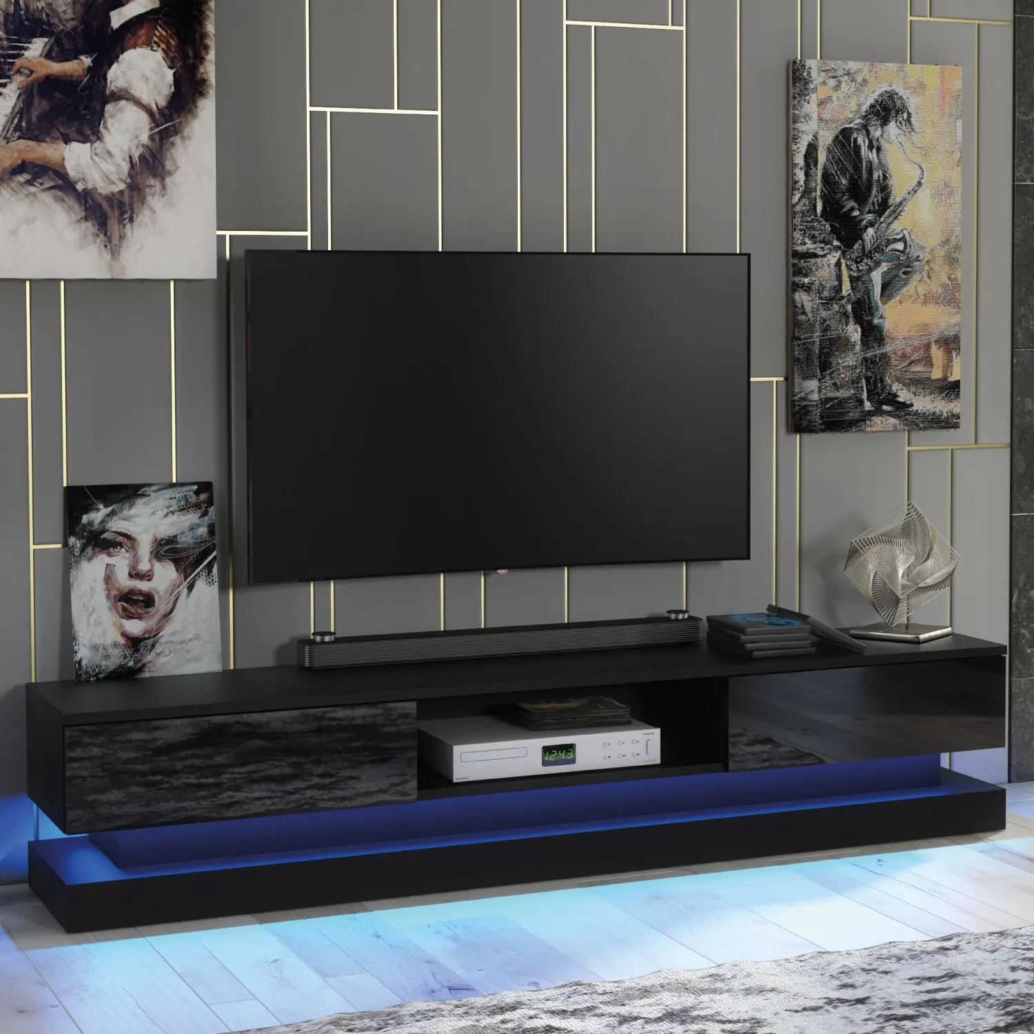 Creative Furniture Bloom TV Unit 180cm - A Functional & Contemporary Cabinet with Gloss Doors & LED Lights in Black 5