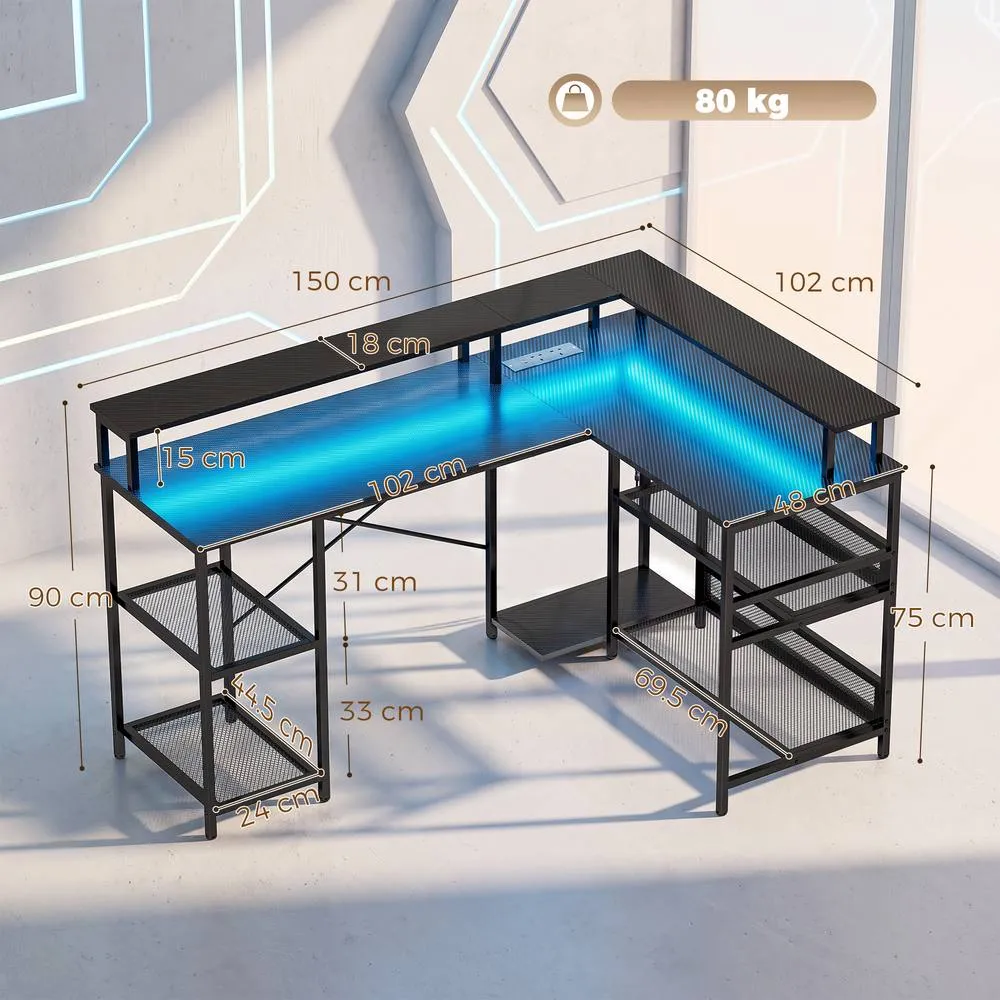 HOMCOM L Shaped Gaming Desk w/ LED Lights & Power Outlets, Black 3
