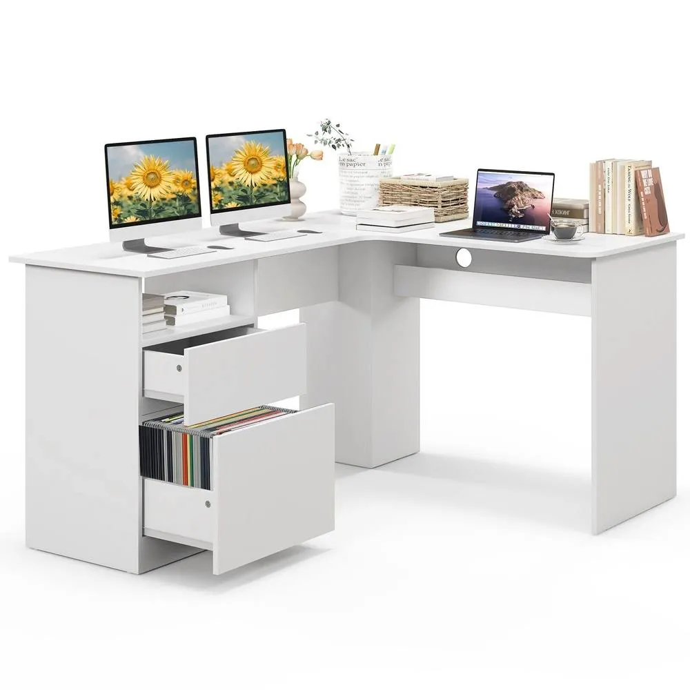 Costway L-Shaped Computer Desk 150cm Modern Writing Study Table w/ Drawers in White
