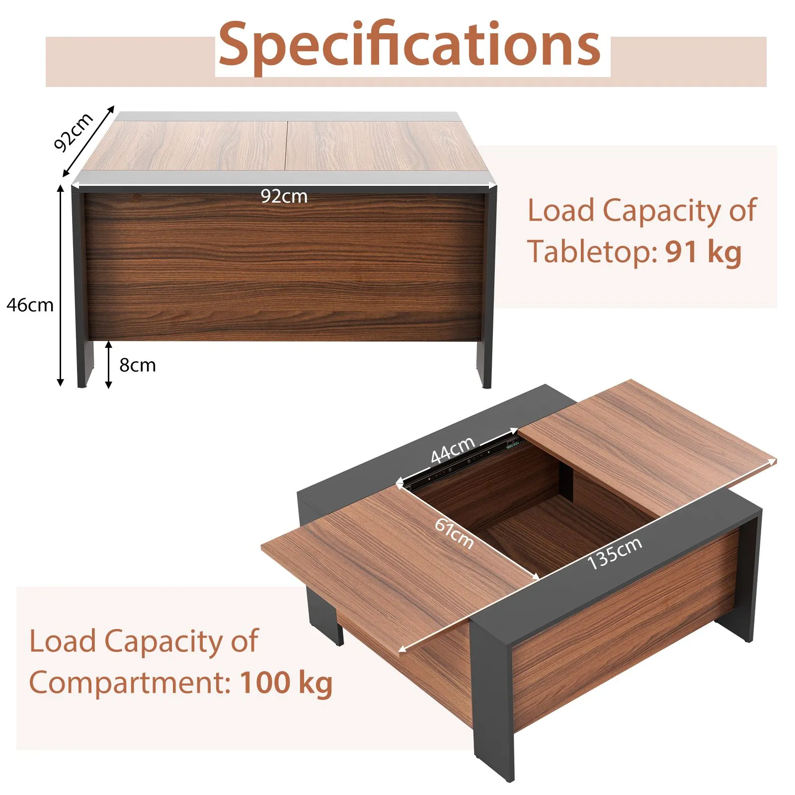 Costway 92 x 92cm Coffee Table w/ Sliding Top Square Center Table Extendable Cocktail Tea Table in Brown 2