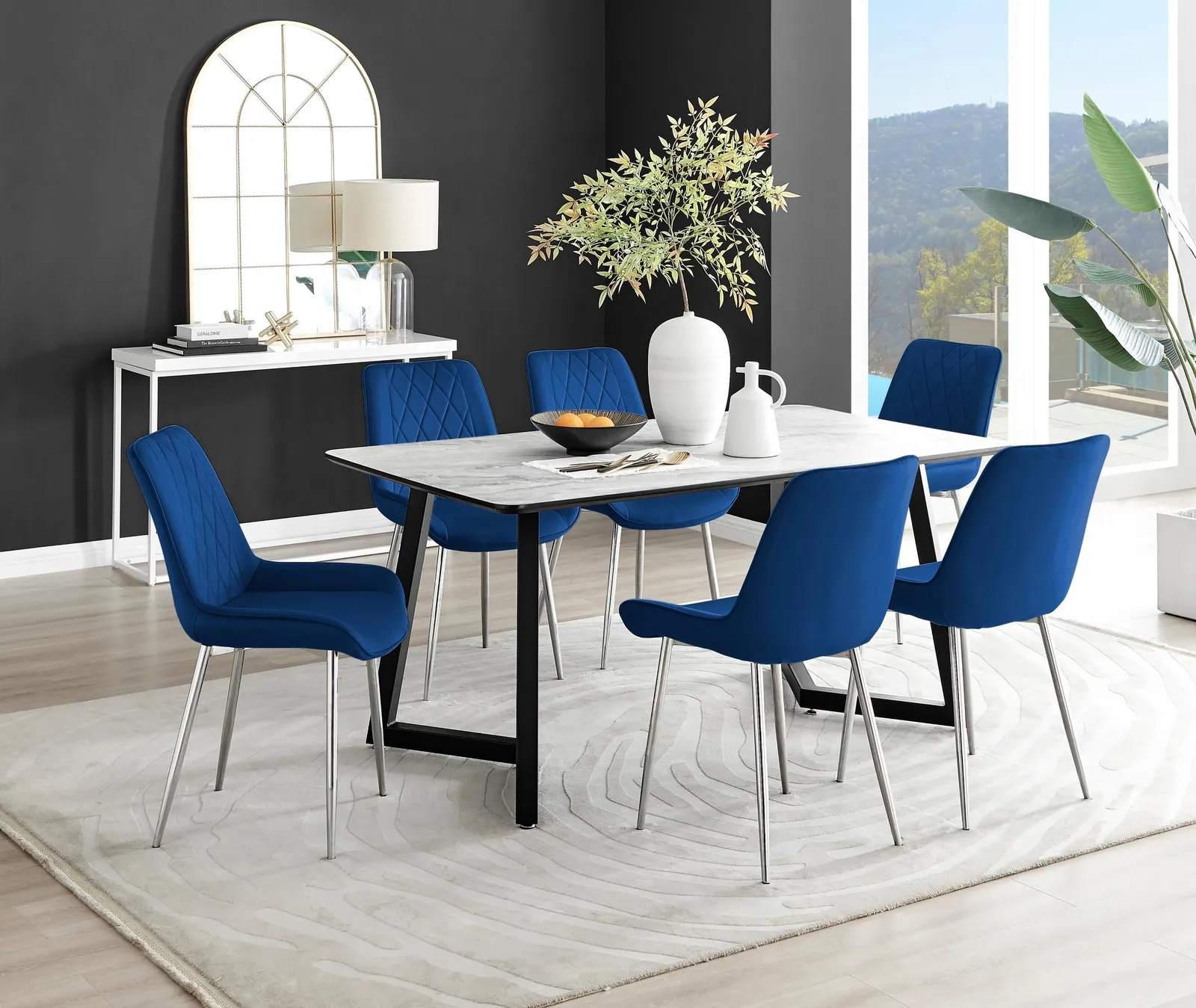 FurnitureboxUK Carson White Marble Effect Dining Table & 6 Pesaro Silver Chairs in Navy 1