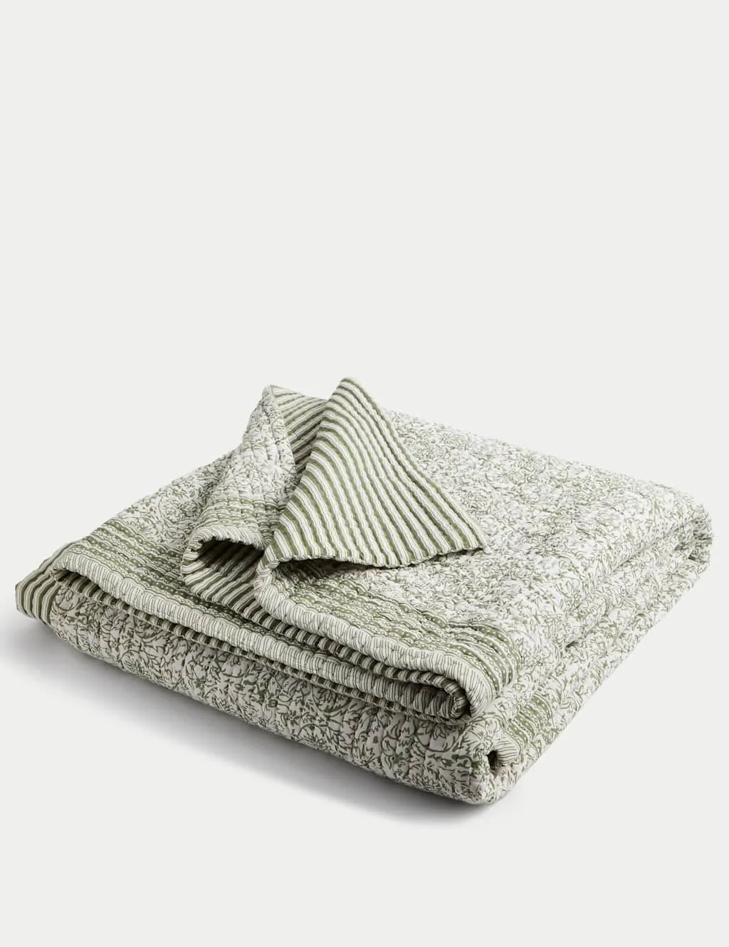M&S Pure Cotton Floral Striped Bedspread Green Mix