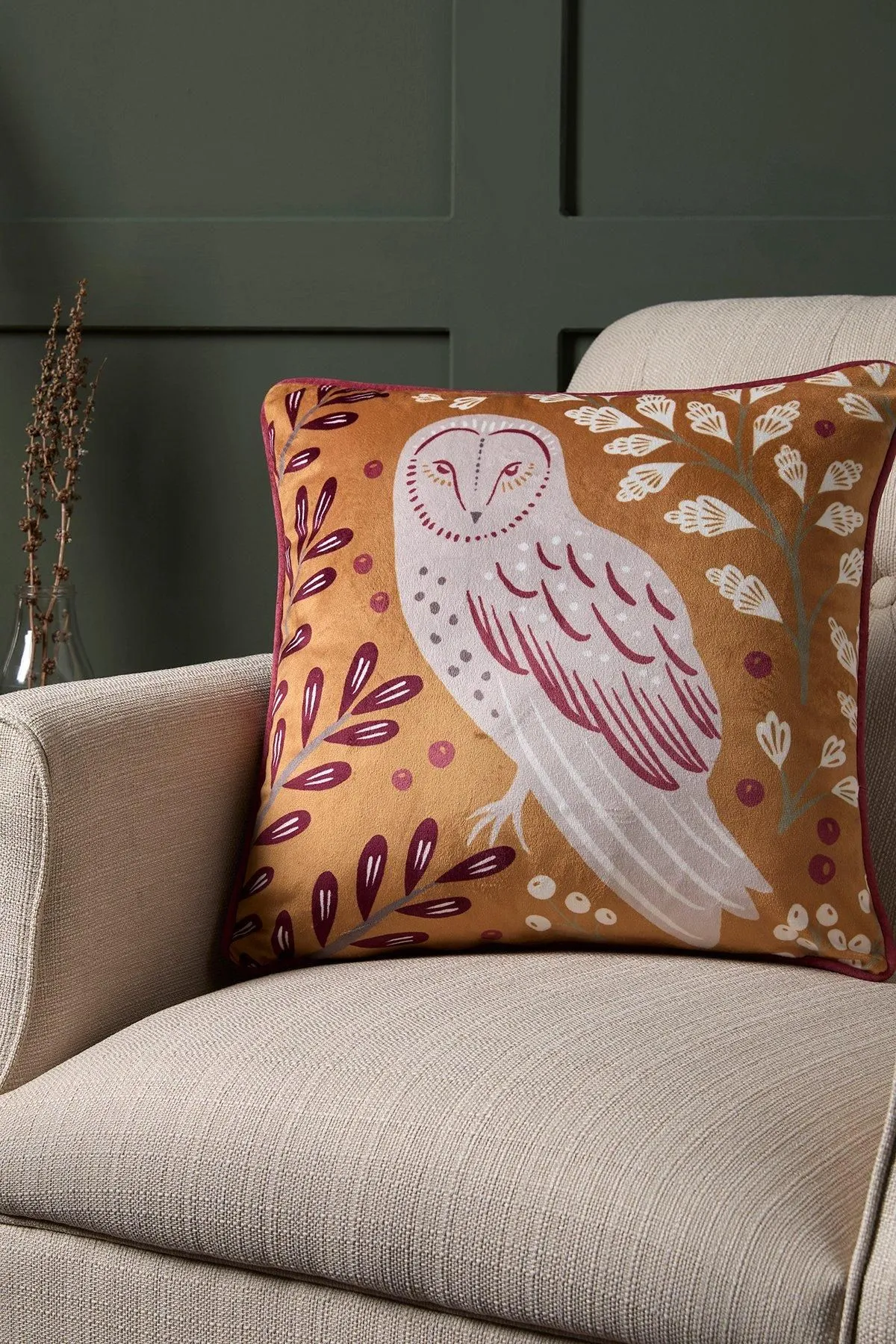 Dreams & Drapes 'Enchanted' Owl Print Velvet Filled Cushion in Red