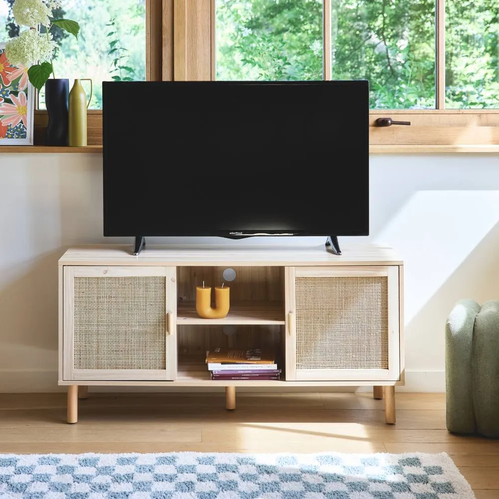 sweeek 120cm Tv Unit Wooden Effect & Cane 2 Doors in Light Brown