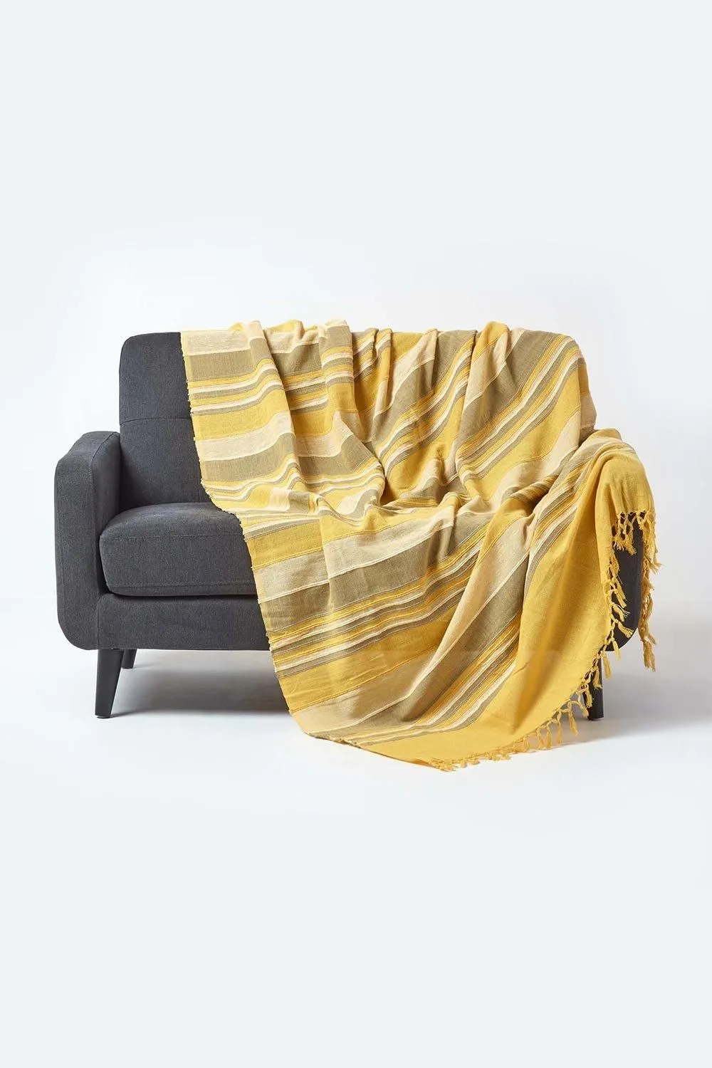 Homescapes Cotton Morocco Striped Throw in Yellow