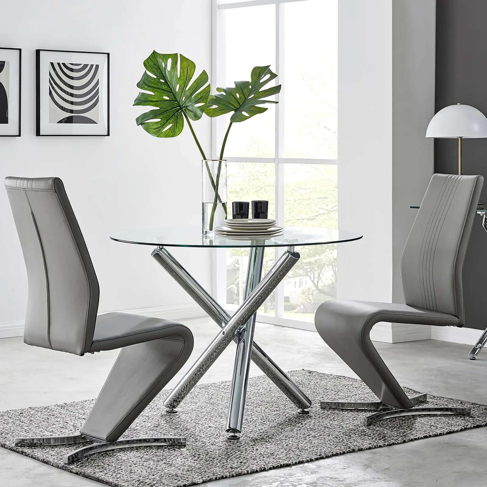 FurnitureboxUK Selina Round Glass & Chrome Metal Dining Table & Luxury Willow Chairs Set in Grey