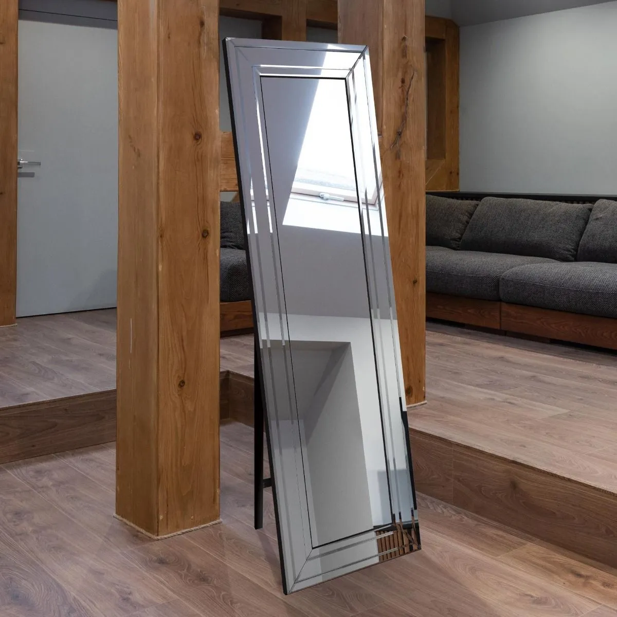MirrorOutlet Langley All Glass Bevel Cheval Dress Mirror 5ft7 x 1ft11 170cm x 58cm in Silver