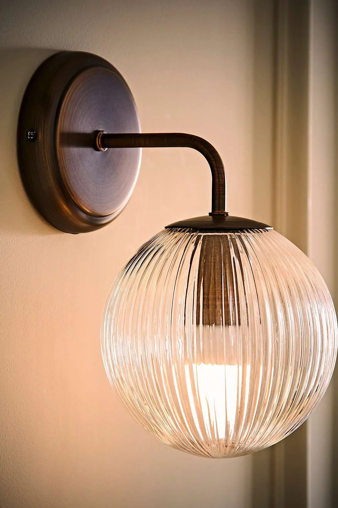 ValueLights Kempton Ribbed Glass Globe Shade Single Arm Wall Light with Bulb in Bronze 1
