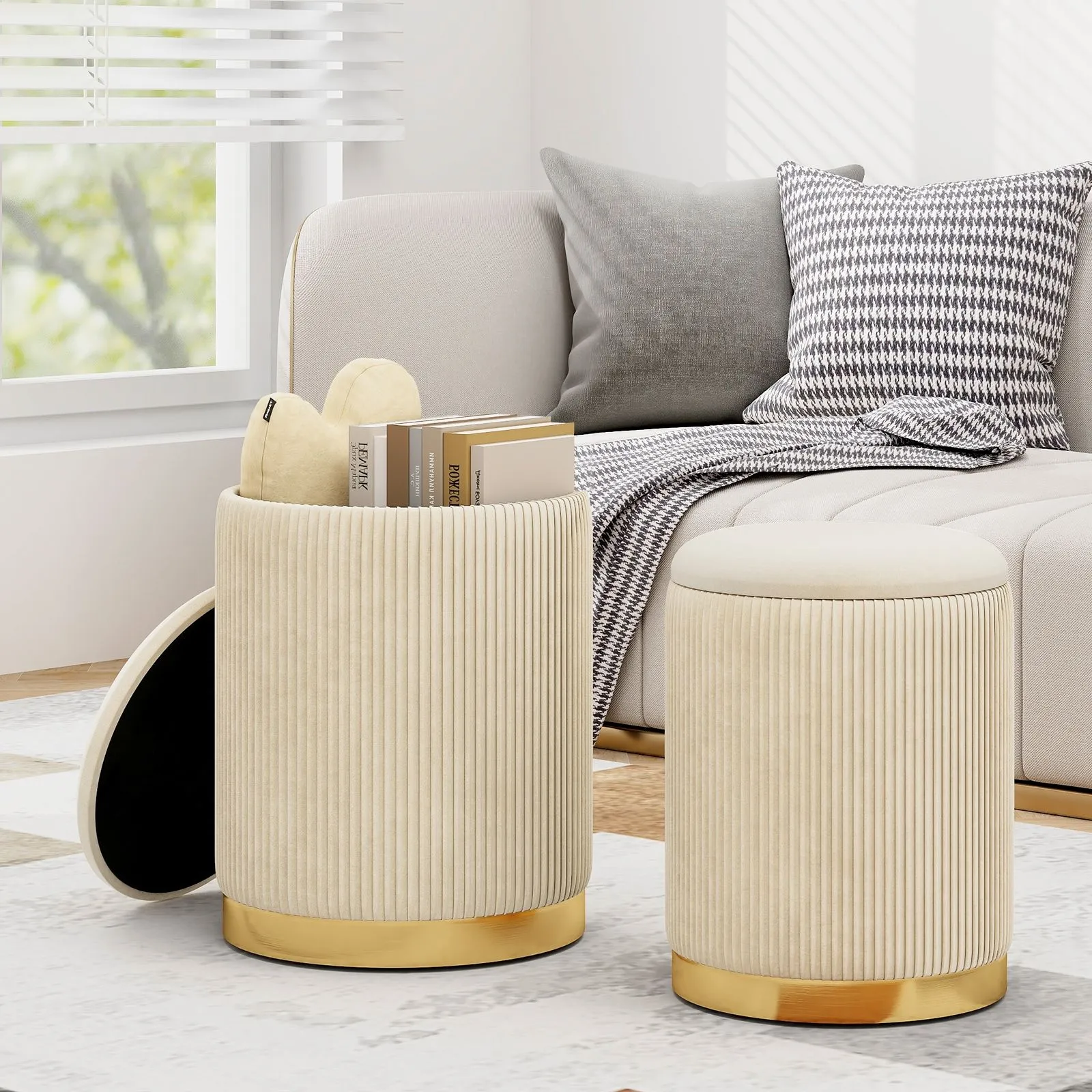 Costway 2 Pcs Velvet Round Footstools Nesting Storage Ottoman in Yellow 3
