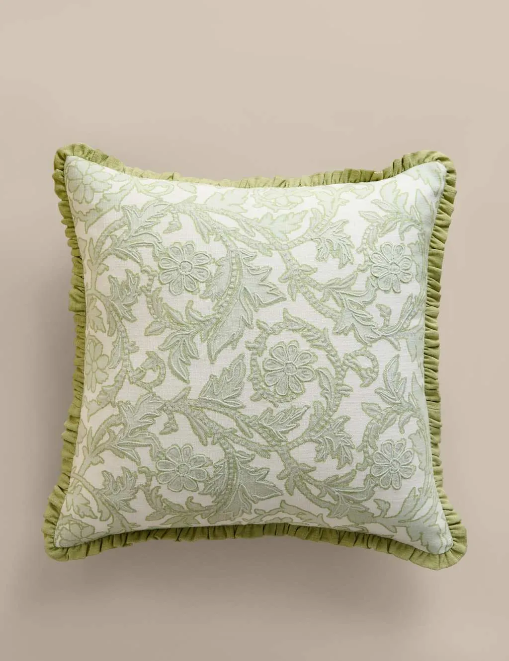M&S Pure Cotton Floral Embroidered Cushion Green Mix