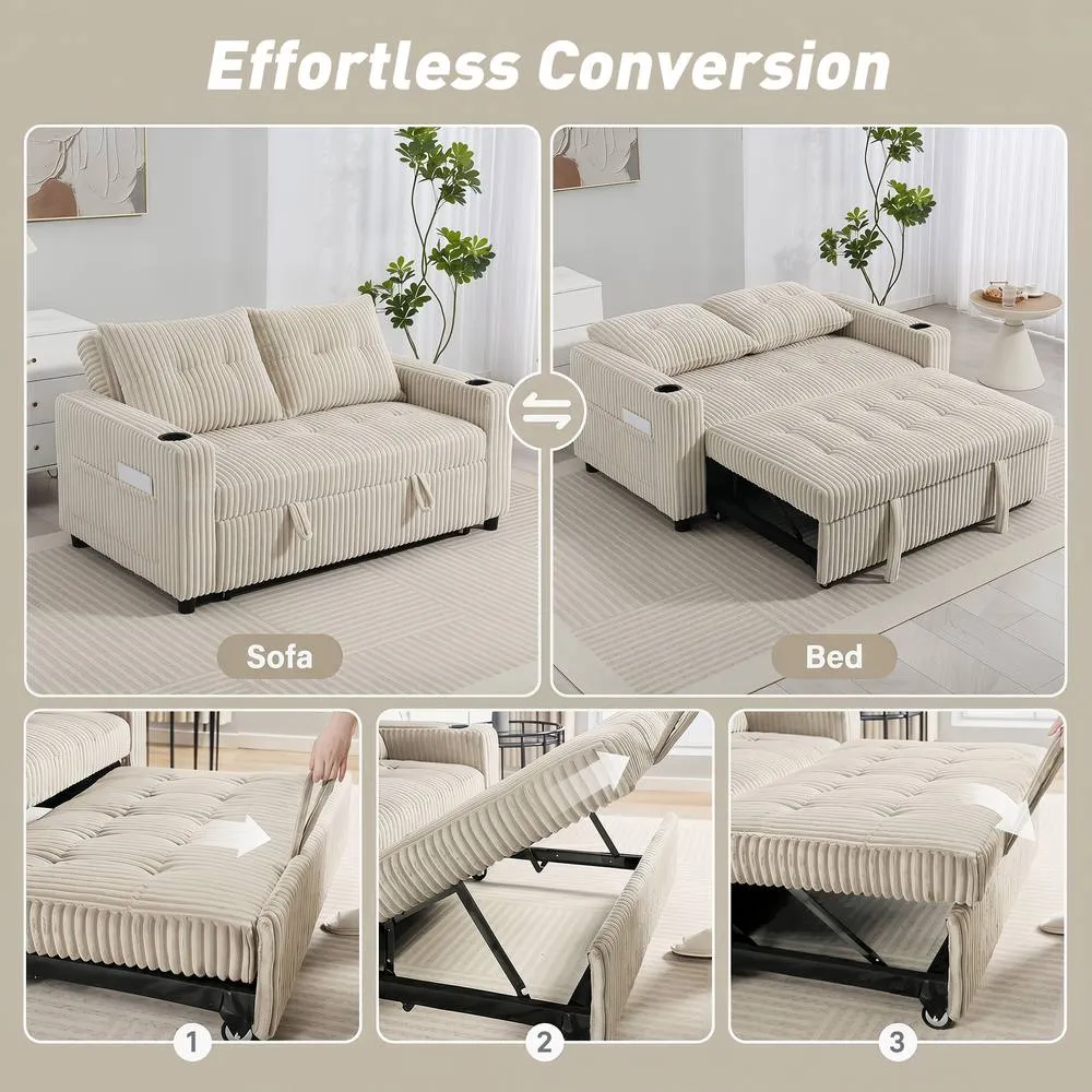 HOMCOM Corduroy Click Clack Sleeper Sofa with Pull Out Design, Cream White 4