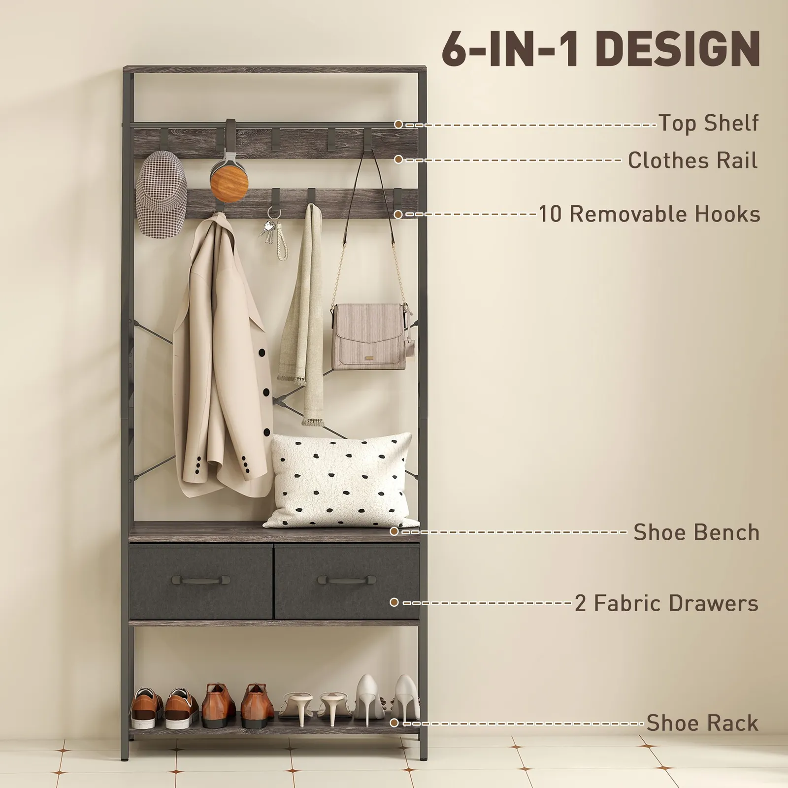 HOMCOM Coat Rack with Shoe Storage, Bench & 10 Hooks in Grey 4