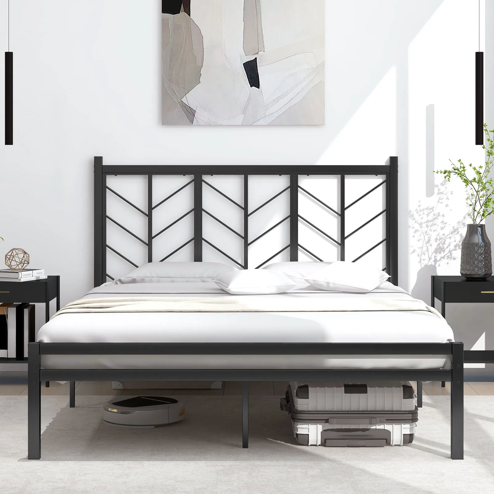 Costway Metal Platform Bed with Branch shaped Headboard Bed Frame King Size in Black 4
