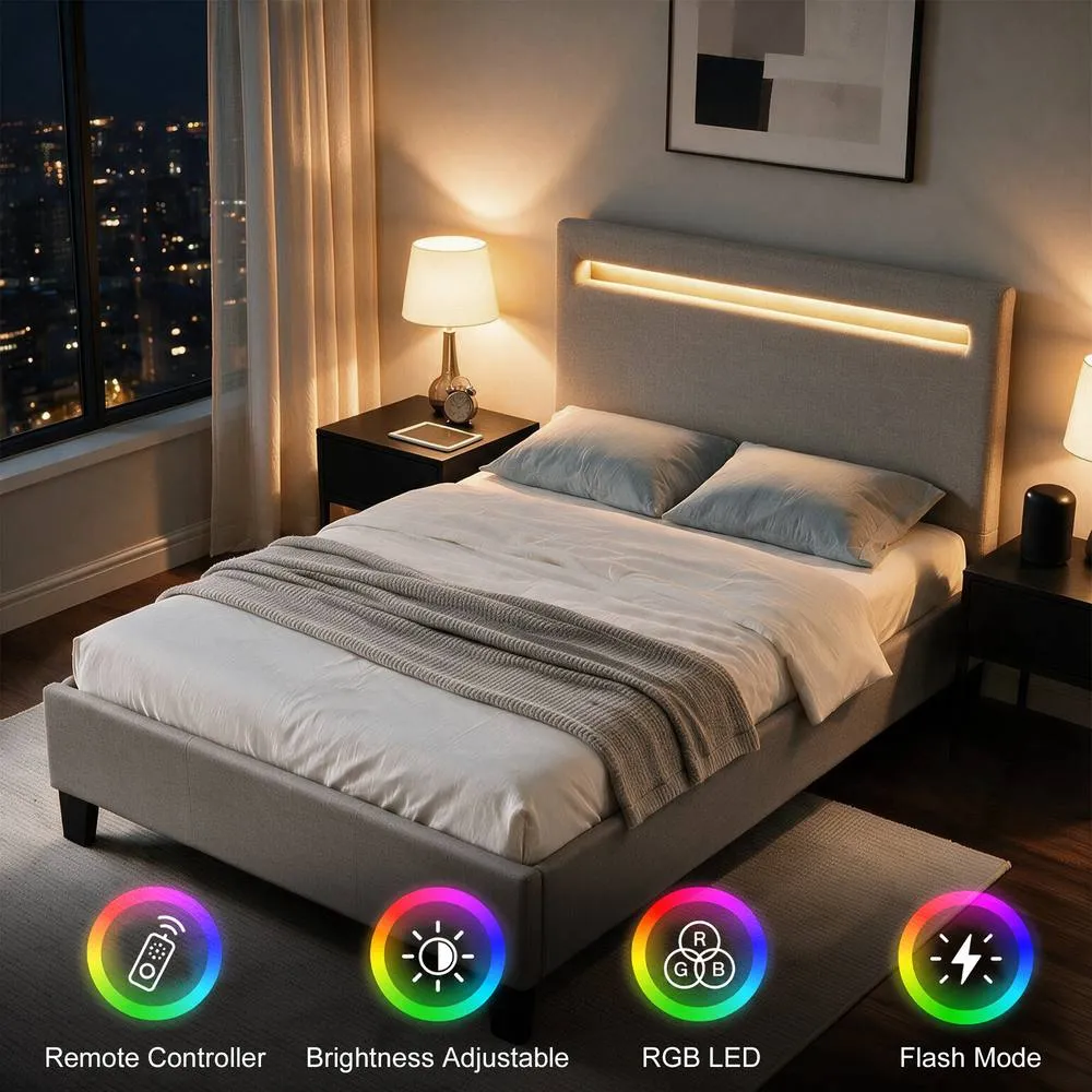 Comfy Living Ltd Modern Hopsack Fabric Upholstered Bedframe With LED Strip in Light Grey 4
