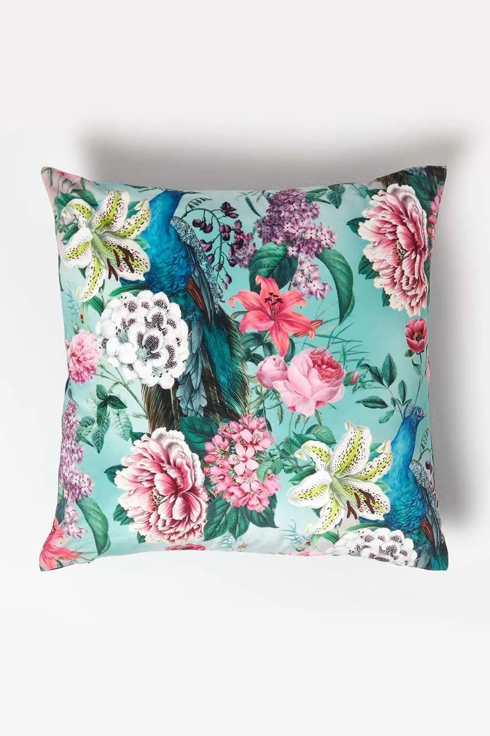 Homescapes Floral Peacock Pink & Green Filled Velvet Cushion 46 x 46 cm
