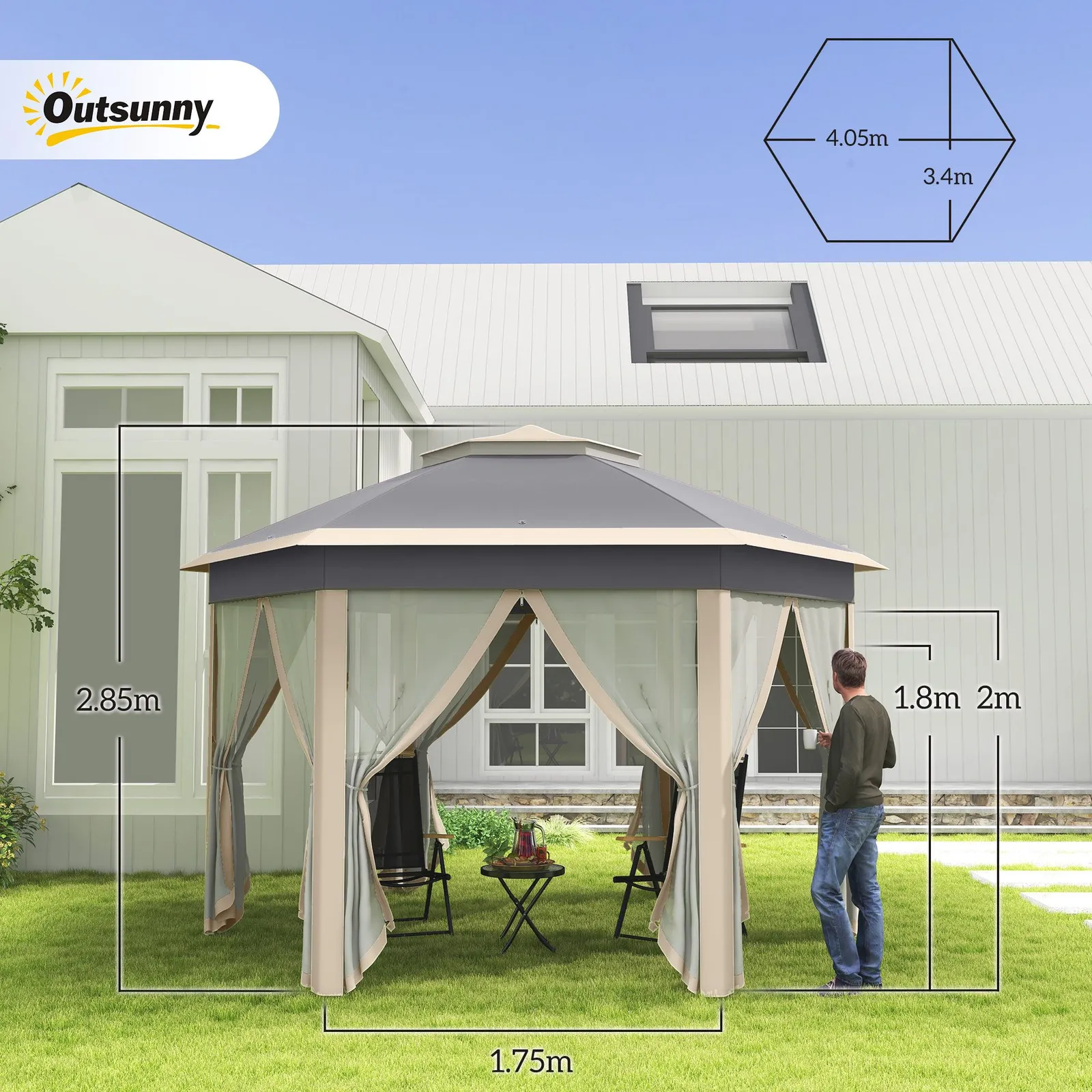 OUTSUNNY 3x4m Hexagon Gazebo w/ Metal Frame Mesh Curtains Outdoor Garden in Khaki 3