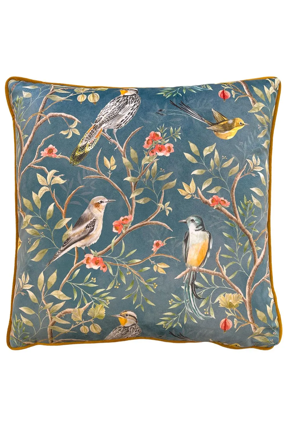 Wylder Tropics Orient Chinoiserie Birds Printed Piped Velvet Cushion in Dark Blue
