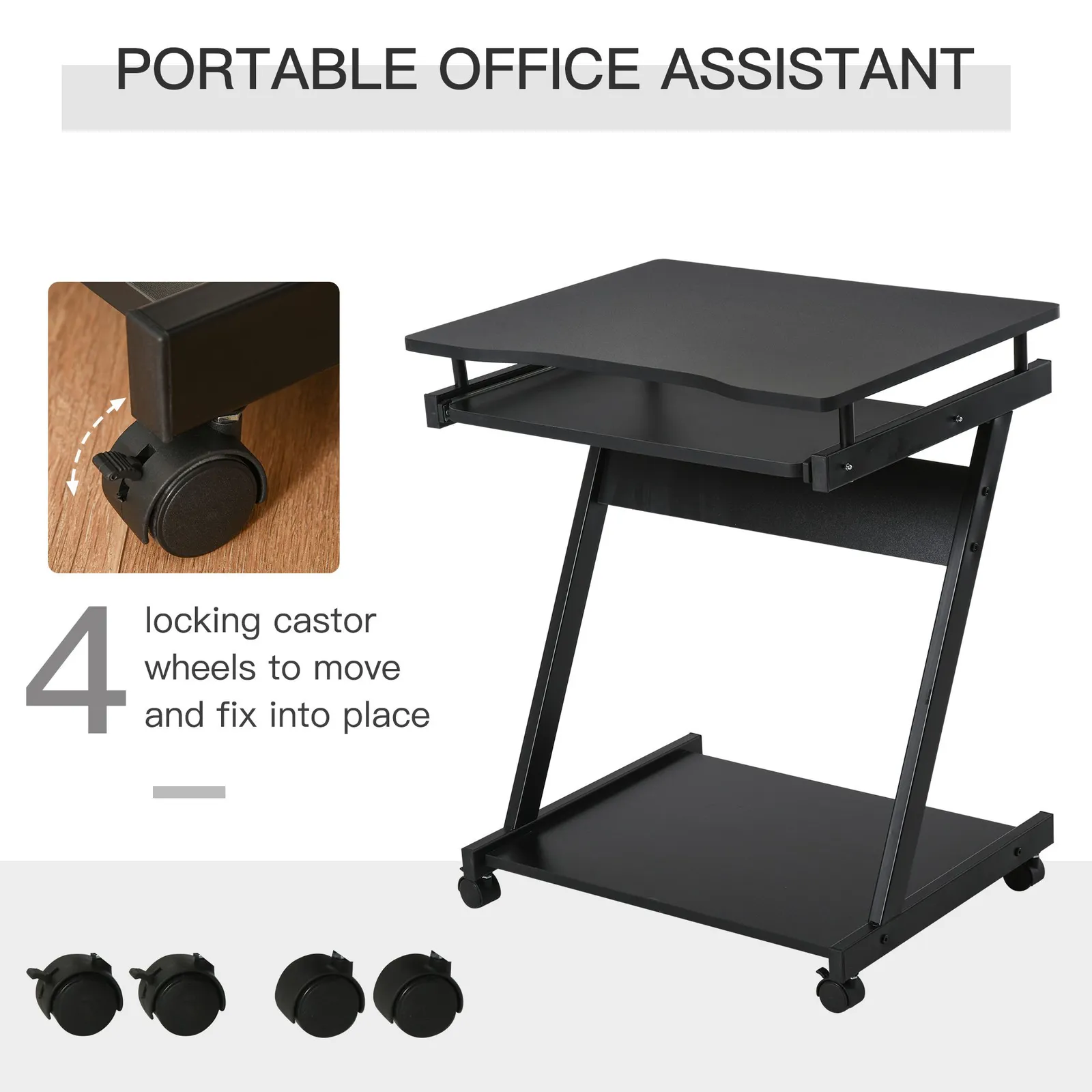 HOMCOM Movable Computer Desk with 4 Moving Wheels Sliding Keyboard Tray in Black 4