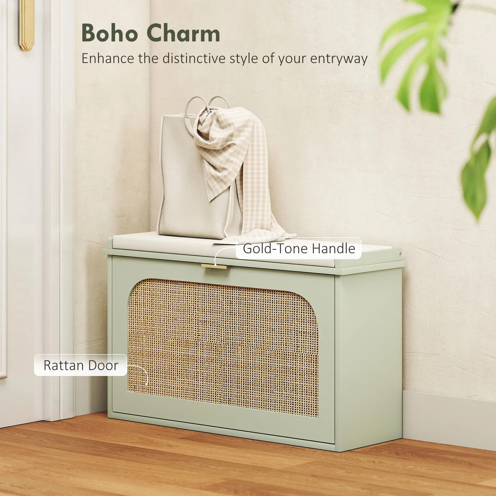 HOMCOM Boho Shoe Bench with Padded Seat & Flip-Drawer in Light Green 4