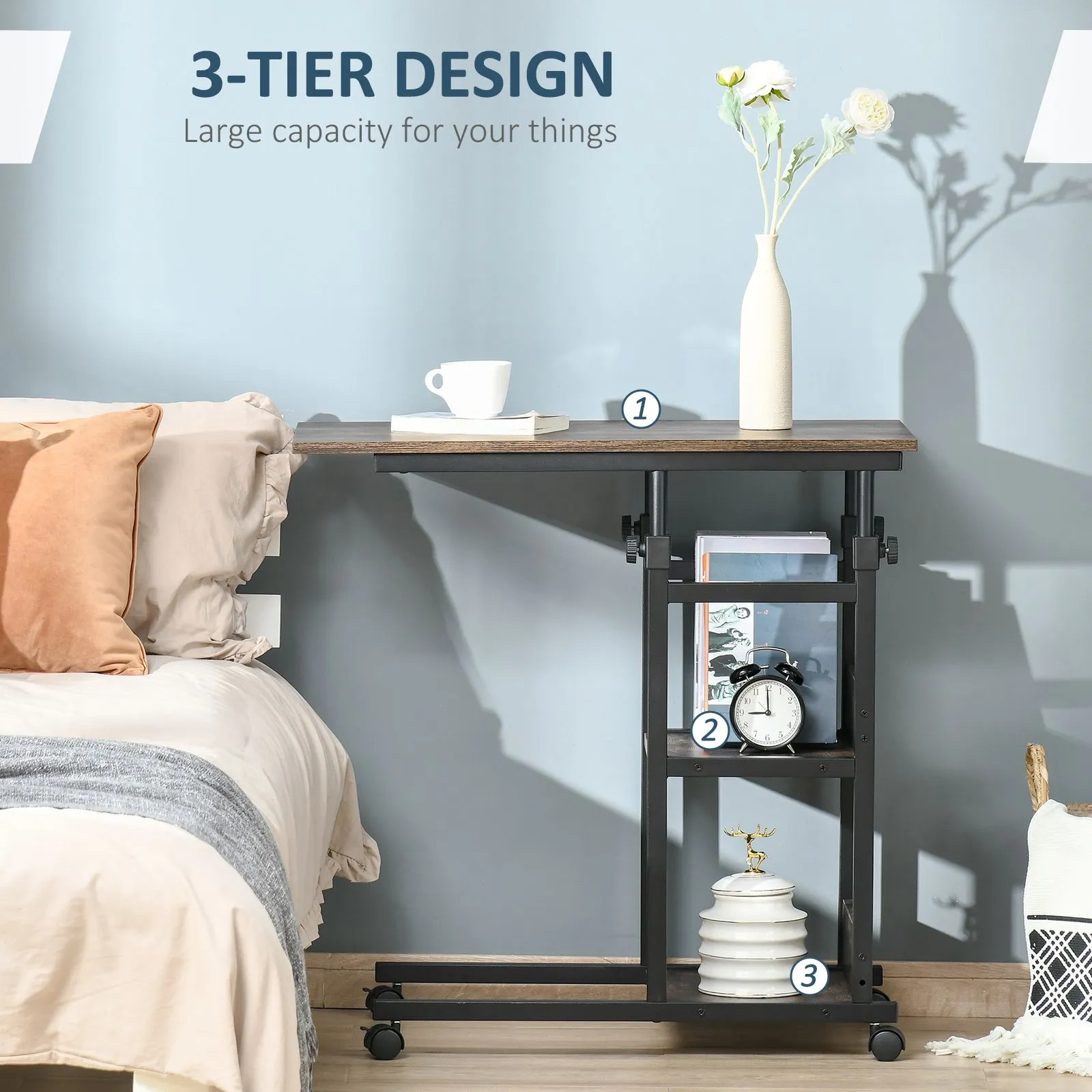 HOMCOM C-Shaped Mobile Sofa Bed Side Table Adjust Height 3-Tier Cart w/ Casters, Brake in Brown 6