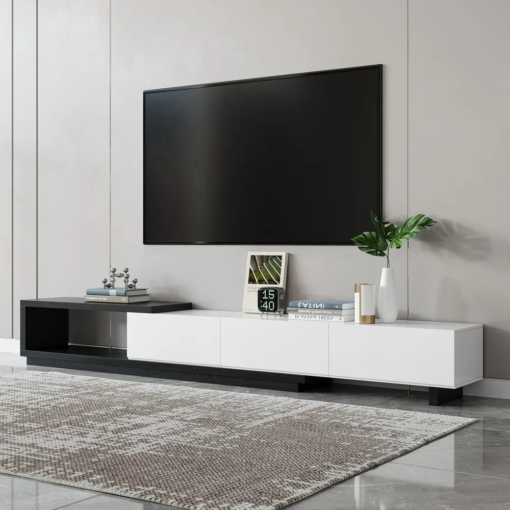 Quoint Modern TV Stand Retracted & Extendable 3-Drawer Media Console for TV Up to 2550 mm